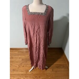 Silk Threads 100% Silk Kaftan Dress Intricate Beaded Square Neck & Cuffs Sz 48